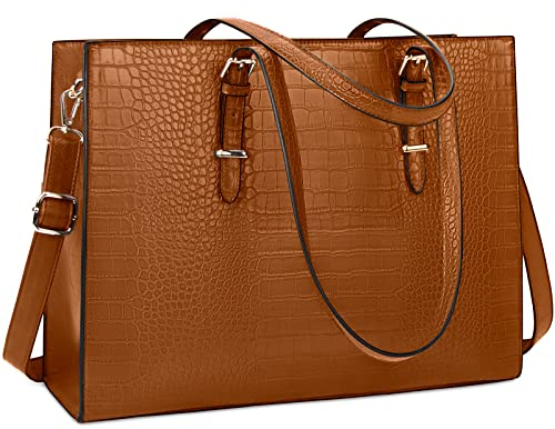 Lubardy Handtasche Damen Shopper Damen Groß Laptop Tasche 15.6 Zoll Elegant PU Leder Umhängetasche Arbeitstasche für Business Büro Schule Einkauf Arbeit Braun