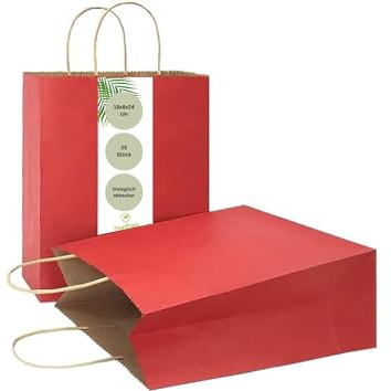 DeinPack Papiertüten aus Kraftpapier, 25 Stück Papiertüten mit Henkel, Geschenkverpackung, Gastgeschenke Tüten, Mitgebseltüten, Geschenktüten Set - Rot 25 rote x Papier Tüten 32 x 12 x 41 cm