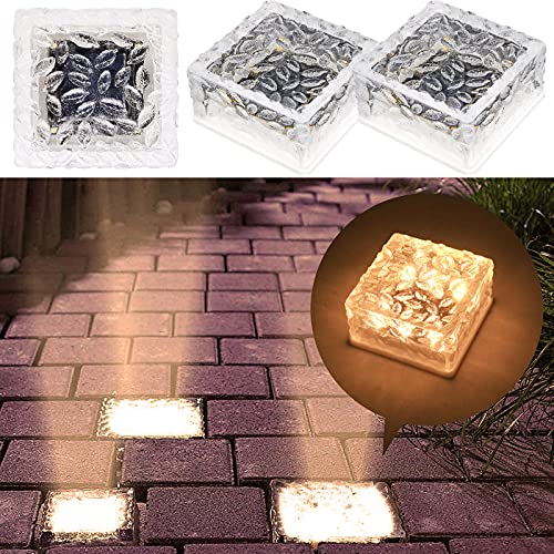 MEDOYOH 2er-Set Solar Pflastersteine Außenleuchte, 10x10x5CM Warmweiß Licht On/Off Lichtsensor Wegbeleuchtung Wasserdicht Bodenstrahler Solar für Patio Garten Hof Weg Terrasse
