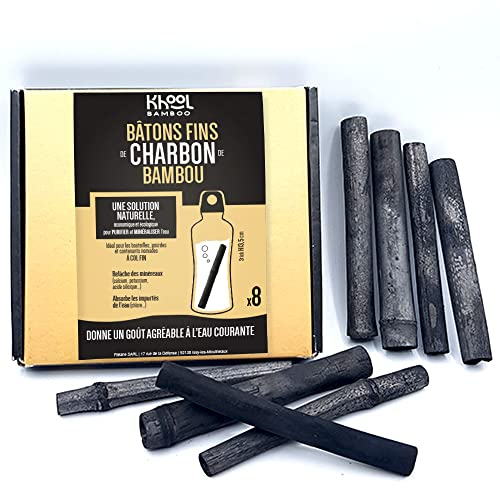 _KHOOL Bamboo | Lot de 8 Bâtons Fins de Charbon de Bambou | Origine France | 1 à 2 cm de diamètre | pour Purifier et Donner Un Meilleur goût à l’Eau dans Vos Bouteilles et carafes