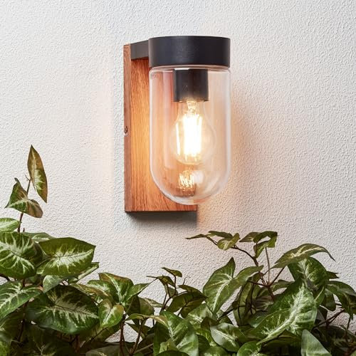 Lightbox Außen Wandlampe - 21 cm Höhe x 10 cm Breite - moderne Outdoor Wandleuchte - für die Hausfassade oder Hauseingang - IP44 - E27 Fassung, max. 40 W - aus Metall/Glas in Holz Dunkel/Schwarz