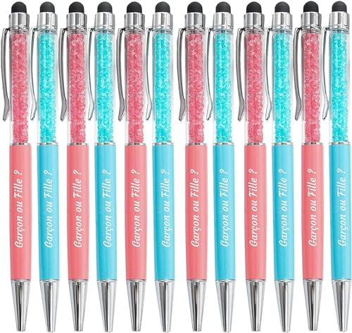Jolis Papiers Stylo Personnalisé pour Baby Shower, Révélation de genre, Gender Reveal, Stylo personnalisé Rose et Bleu (Cristaux, Garçon ou Fille ?, 12)
