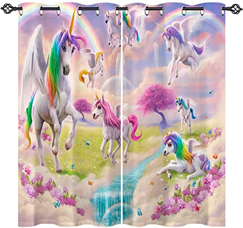 ANHOPE Regenbogen Einhorn Blume Vorhänge mit Ösen Blickdichte Gardinen Thermo Vorhang Blackout Curtain Schlafzimmer Wohnzimmer Kinder Mädchen Verdunklungsvorhänge 2er Set H 160 x B 117 cm