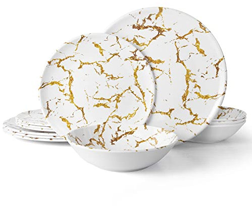 Melamine Dinnerware Sets - 12 pcs Melamine Plates Indoor and Outdoor use Marble Plates and Bowls Dinnerware Sets Camping Dish Set for 4 Dishwasher Safe(STATUARIO Gold)