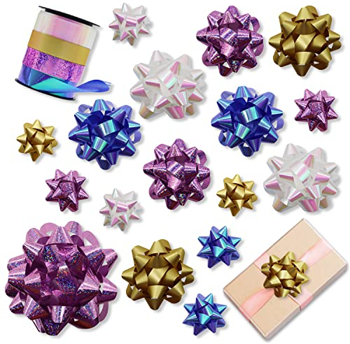 CCUCKY 17pcs Bunt Geschenk Schleifen mit 1 Rollen Geschenkbänder, Geschenkschleifen Selbstklebend für Geschenkverpackung, Hochzeit, Weihnachten, Geburtstag Dekoration