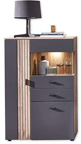 Stella Trading LINEA Vitrine in Flagstaff Oak Optik, Anthrazit - Moderner Vitrinenschrank mit LED-Beleuchtung und viel Stauraum - 87 x 129 x 38 cm (B/H/T)