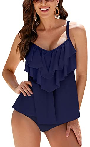 WIN.MAX Set di Costumi da Bagno Tankini da Donna Vita Alta Balza arruffata 2 Pezzi Bikini Set Costume da Bagno Plus Size Costume da Bagno