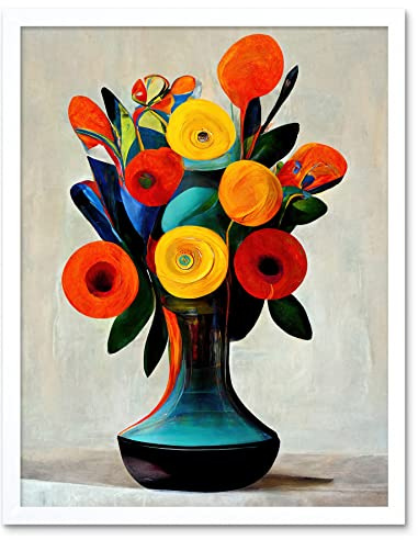 Wee Blue Coo Midcentury Style Bright Floral Bouquet Flowers Painting Orange Yellow Red Turquoise Art Print Framed Poster Wall Decor 12x16 inch