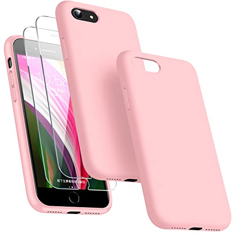 Dssairo [3-in-1 für iPhone SE Hülle 2022/3rd/2020/2nd gen, iPhone 7/8 Hülle, mit 2 Displayschutzfolien, Flüssigsilikon, ultradünn, stoßfest, Schutzhülle [Mikrofaser-Futter] (Rosa)