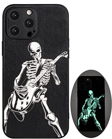 X spirit Skull Phone Case for iPhone 14 Pro Max, Cool Goth Edgy Gothic Emo Design, Skeleton Playing Guitar, Glow in The Dark (iPh 14 Pro Max-Skeleton Playing Guitar)