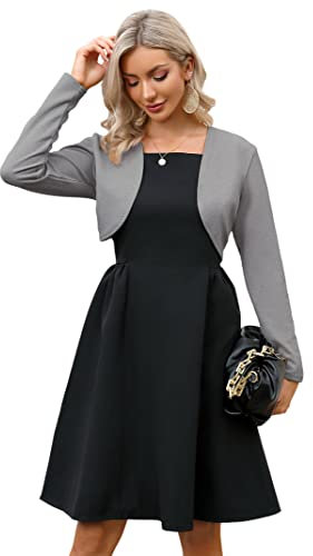 KOJOOIN Damen Bolero Festlich Pailletten Bolero Glitzer Strickjacke Elegant Kurz Cardigan Bolerojacke Langarm Open Front Shrug Cardigan Casual Top Grau XL