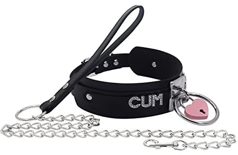 paloli Schwarzes Herz Vorhängeschloss O-Ring Choker Halskette für Damen, Punk Gothic Buchstabe Lederhalsband Rosa Vorhängeschloss Cosplay Schmuck (CUM CHAIN)