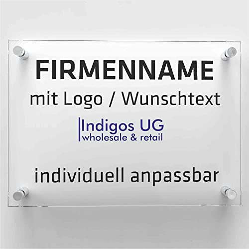 INDIGOS UG Panneau en verre acrylique plexiglas de 5 mm - 60 x 40 cm - Plaque imprimée avec texte au choix - Nom de la société - Personnalisé - Pour entreprise, bureau, porte, entrée hôtel