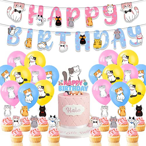 WIDEBG Luftballons Katze Geburtstag Dekoration Katzen Tortendeko Happy Birthday Banner Kindergeburtstag Deko Cat Latex Ballons Kinder Geburtstagsparty Deko (32 Stück)
