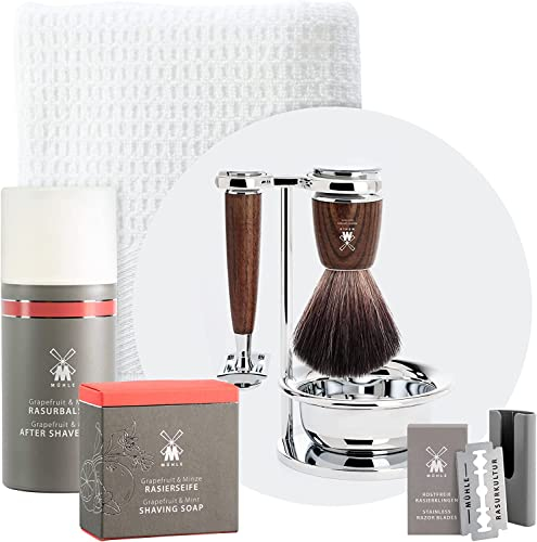 MÜHLE Rytmo Rasierset 8 tlg. - Pinsel, Hobel und Ständer verchromter Fuß, Klinge, Seife, Tuch, After Shave - edle Esche