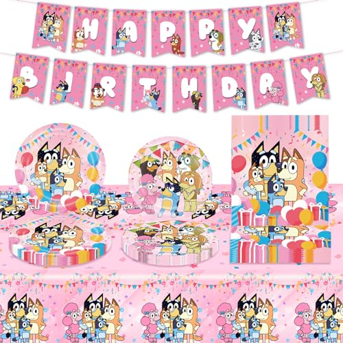 Decoración Cumpleaños,41 Piezas Cumpleaños Dibujos Animados Rosa Juego de Vajilla de Cumpleaños Dog Decoracion para Fiesta de Cumpleaños Incluye Platos, Manteles y Tejido para Niños