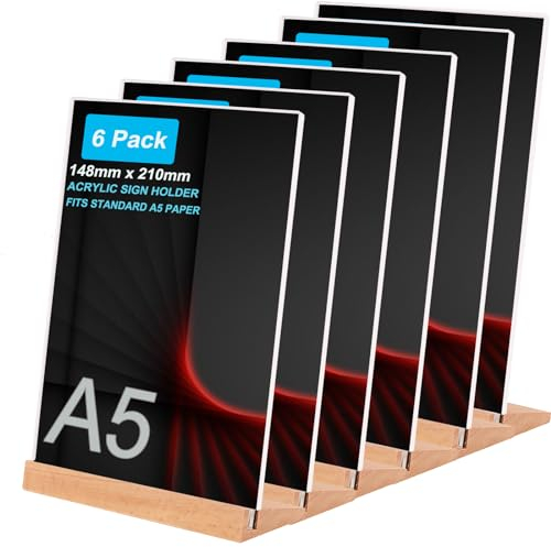 Mocoli Bilderrahmen, 6 Stück A5 148 x 210mm Thekenaufsteller Bilderrahmen mit Holz Sockelboden Doppelseitige Acryl Tischaufsteller Werbeaufsteller Hochzeitsparty Doppelseitiger Hochzeits Restaurant