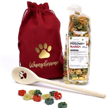 Geschenk Set Hundebesitzer (Rot) | Pfote | Kochlöffel mit 250 Gramm Gourmet Nudeln in einem personalisiertem Geschenkbeutel verpackt