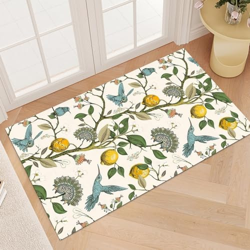 Lemon Tree Hummingbird Area Rug,Yellow/Green Flower Pattern Door Mat,Vintage Farmhouse Floor Carpet,Washable Non-Slip Small Area Rug for Entryway Bathroom Living Room,24x36inch
