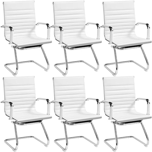Yaheetech 6 Stück Esszimmerstühle Küchenstuhl mit Armlehnen, Besucherstuhl mit Chromgestell, Freischwinger aus PU, Konferenzstuhl für Esszimmer Schlafzimmer Wohnzimmer Weiß