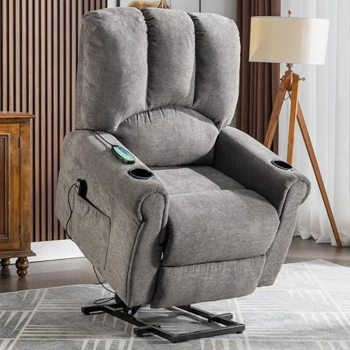 Kayan Power Lift Massage Chair Electric Recliner for Elderly Heated Vibration Massage Fabric Sofa Motorized Living Room Chair with Side Pocket and Cup Holders Massage, Stand Assist (Grey)