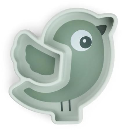 Done by Deer Silikon Stick&Stay Snackteller – Birdee – Grün – 100% Silikon – Rutschfest & Mikrowellengeeignet – Kinderteller mit Unterteilung