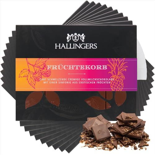 Hallingers Genuss Manufaktur Schokolade Geschenk - Tafel Edelkakao handgeschöpft ohne Alkohol edler Karton 10x Früchtekorb Mango-Vanille, Geschenkidee für Frauen Männer