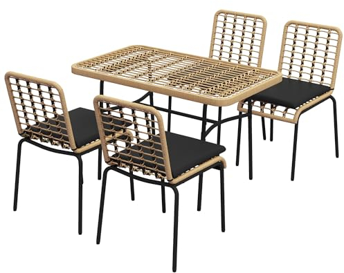 Outsunny Salon de Jardin extérieur en résine tressée 4 Places Ensemble Table et 4 Chaise de Jardin, 5 pièces Salle à Manger, métal Noir et Verre trempé - Coussins Inclus