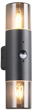 Trio Leuchten Außen Wandleuchte Hoosic 222260232, Druckguss Aluminium Schwarz matt, Schirm Acryl rauchfarbig, exkl. 2x E27, Bewegungssensor