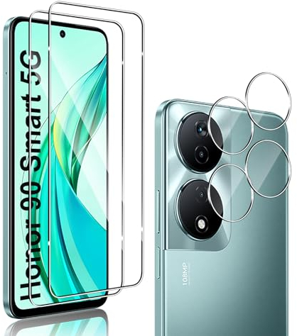 QULLOO 2 Pièces Verre Trempé Compatible avec Honor 90 Smart & 2 Pièces Caméra Arrière Protecteur, 9H Dureté HD [Anti-Rayures,sans Bulles] Film Protection en écran pour Honor 90 Smart