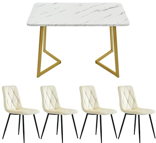 AICARE Essgruppe,(Set,117×68cm Esstisch mit 4 Stühlen),Rechteckiger Esstisch Moderner Küchentisch Set,Esszimmerstuhl Beige Twill Samt Küchenstuhl,Golden Tischbeine