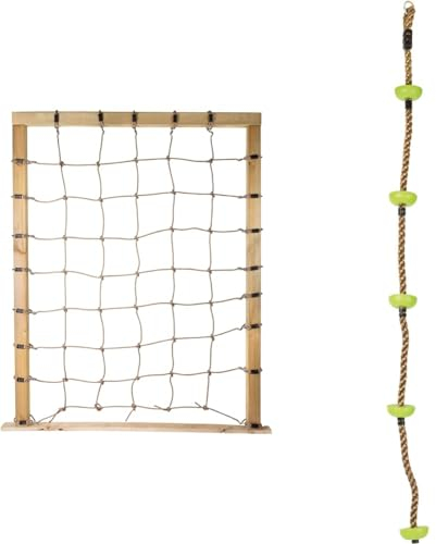 Small Foot Kletternetz mit Achterhaken, zur Befestigung an dreiseitigen Holzrahmen & Kletterseil Himmelsstürmer, wetterfestes Material, mit Sicherungshaken und Trittflächen