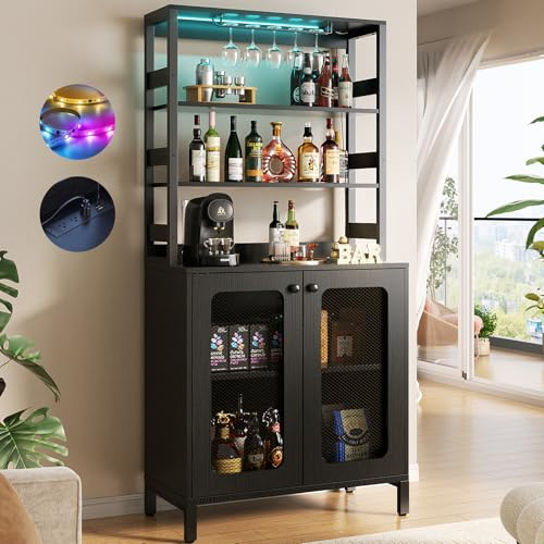 Aheaplus Bar Cabinet with Power Outlets, 67 Tall Wine Bar Cabinet Liquor Cabinets with LED Lights and Glass Holder, Coffee Bars Station for Living Room, Microwave Stand Bakers Rack Cabinets, Black