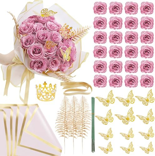 SEMONONIA Glitzer-Rosenstrauß zum Selbermachen, Rosa, 24 Stück, künstliche glänzende Blumen mit Stielen, ewige Blumen für Eleganz, Hochzeitsstrauß, Jahrestag, Geburtstag, Liebesgeschenk