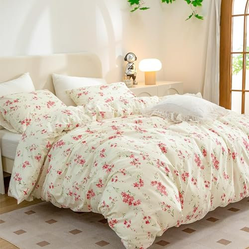 Freyamy Housse de Couette Fleurie 200x200+2 Taie d'oreiller 65x65cm Beige Rose Vert Feuilles Floral Parure de lit 2 Personnes Adulte Fleurs Sets de Housse Couette en Microfibre avec Fermeture Éclair