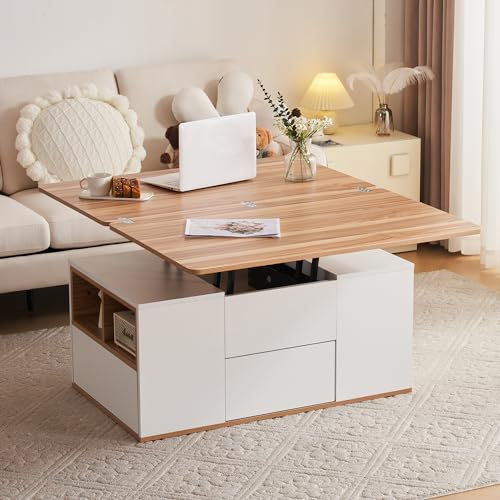 Table basse multifonction relevable - Plateau de table s'ouvre sur 2 tables, grande capacité, meuble de salon moderne (blanc)