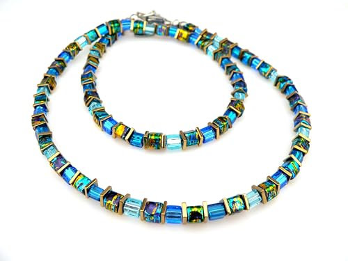 Halskette, Kette, Collier Armband Ohrringe Schmuck Set, Würfel Glas Blau Mehrfarbig Multicolor marmoriert, Miyuki Hämatit 061k