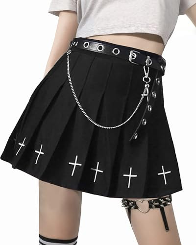 YINGWIN Minirock Damen Schwarz Faltenrock Gothic Kleidung Damen Mini Rock Sommer Rock mit Gürtel Kette