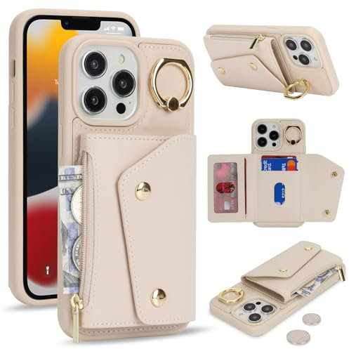 Lipvina Coque pour iPhone 13 Pro avec Portefeuille Porte-Cartes de crédit et Fermeture éclair - Housse Portefeuille Pratique avec Fentes pour Cartes de crédit - Blanc