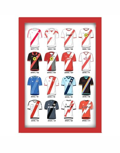 Genérico Cuadro de Camisetas Históricas del Rayo Vallecano, Colección de 16 Temporadas (Rojo)