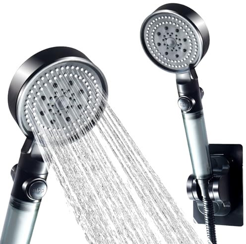 Pomme de douche à main, 5 modes de pulvérisation, pommeau de douche turbo avec valve réglable à un bouton, pommeau de douche filtré avec main, pommeau de douche amovible avec 2 cartouches filtrantes