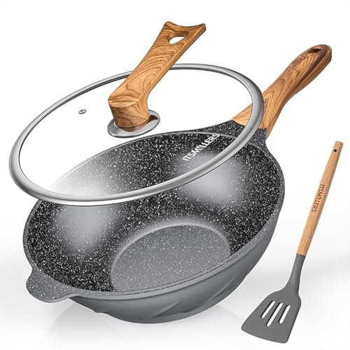 ITSMILLERS Antihaftbeschichtete Wok- und Rührpfanne, 31,8 cm, mit Spatel, Aluminium-Druckguss, kratzfest, gesunder Wok mit freistehendem Deckel