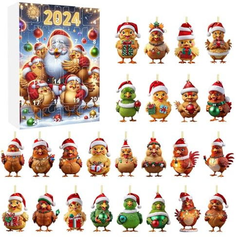 Kinder-Zahnbürsten-Timer, 2D-Weihnachtsdekoration, Huhn-Ornamente mit Weihnachtsmannmützen, 2024, Weihnachtsfeiertag, Adventskalender, Weihnachtsbaum, 2D-Ornamente, Weihnachtsbaum-Set, Ornamente