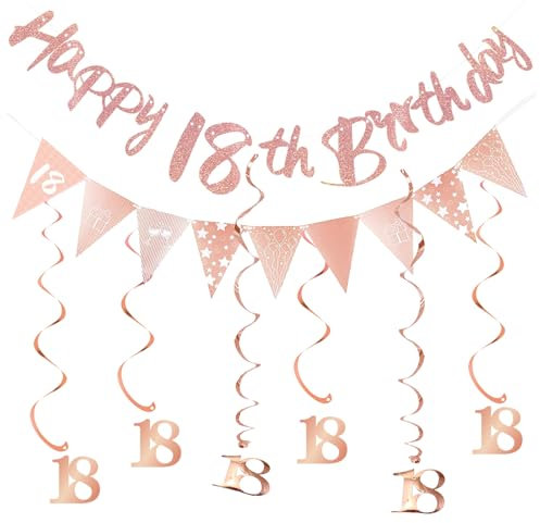 ALEGRE 18 Geburtstag Deko Banner Luftschlangen Set, Deko 18. Geburtstag Mädchen, 18. Geburtstag Deko Rosegold, 18 Geburtstag Girlande Spiralen, Deko 18 Geburtstag, Deko zum 18 Geburtstag Luftschlangen