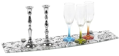 URBNLIVING Large Bowed Floating Glass Wall Shelves with Damask Floral Design, Elegant Display Shelving, Includes Clip Supports, Stylish Storage Solution for Living Rooom, Bathroom, Kitchen