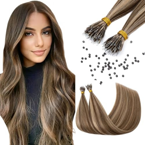Elailite Nano Beads Hair Extension Real Human Hair 50 Strands 35g Cold Fusion With Nano Ring Micro Rings Remy Hair Straight (#4/27 Medium Brown Mix Dark Blonde, 18 Inch)