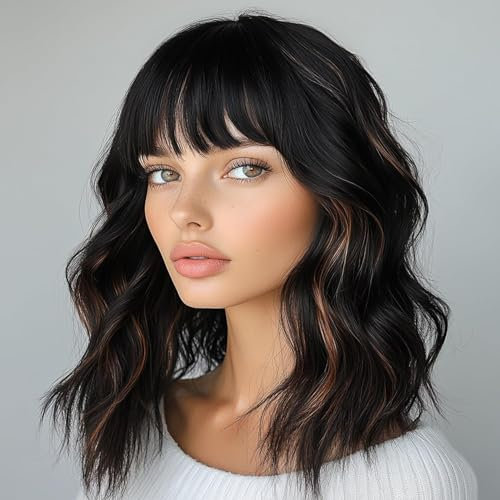 SIMKAYLEE Gewellt Lange Braune Highlights Perücke mit Pony für Frauen Locken Mittellang Braun Gemischt Blonde Perücken Damen für den täglichen Gebrauch Party (40cm)