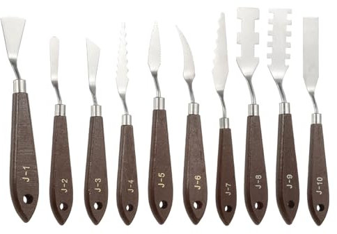 YOKIVE 10 Pcs Stainless Steel Palette Knife, Professional Art Spatula Set Oil Painting Accessories Color Mixing Scraper with Plastic Handle, Great for Canvas Acrylic Painting (Brown)