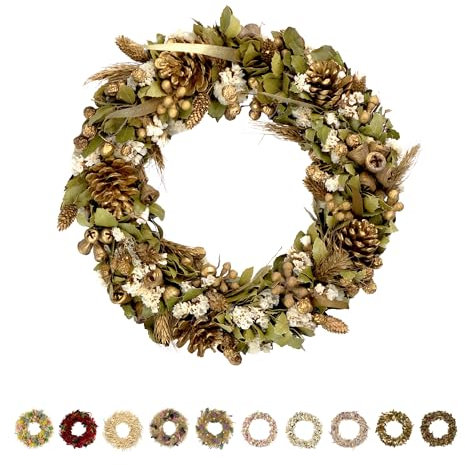 PHILARO Weihnachtskranz Holy Night Gold-Grün Ø ca.29cm - kein Plastik I Trockenblumen Premium Qualität aus Europa - Türkranz - Tischkranz - Wandkranz - Trockenblumenkranz