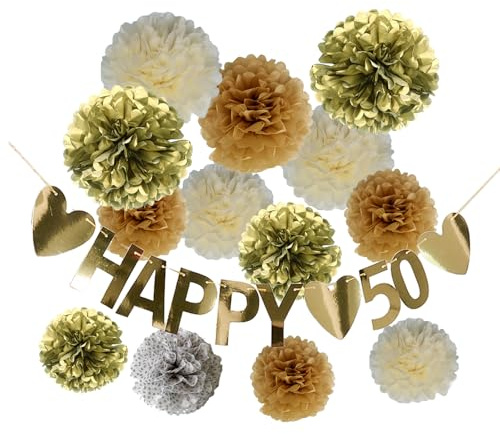 Goldene Hochzeit Deko 13 Stück Pompons Party Deko Goldene Hochzeit 50 mit Girlande Seidenpapier Dekorpapier Papierblumen Pom poms zum Basteln für Hochzeitstag Geburtstagsdeko Mann Frau